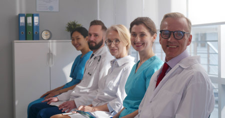 Diverse team of doctors sitting in row and smiling at cameraの写真素材