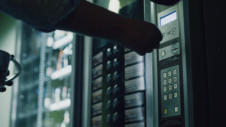 Close up of person choosing food from vending machineの写真素材