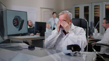 Mature engineer in lab coat remove vr headset and massage tired eyes