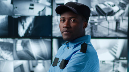 Portrait of African-American security officer looking at camera standing in control roomの写真素材