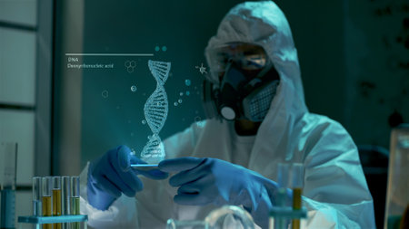 Chemist in protective suit working with futuristic interface with dna diagram