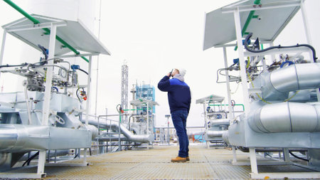 Engineer talking on walkie-talkie outside gas provessing manufacturingの写真素材