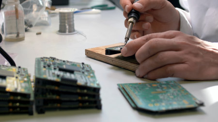 Close up of technician repair circuit board in lab.