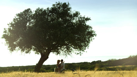 Romantic couple hugging standing near tree in fieldsの写真素材