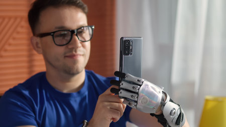 Young man with a prosthetic arm uses smartphone at home.の写真素材