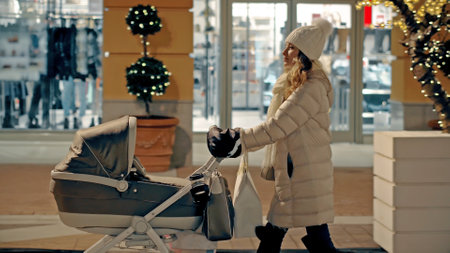 Young attractive mom with baby in baby carriage walk along city street