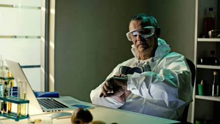 Middle-aged scientist use smartwatch sitting in modern labの写真素材