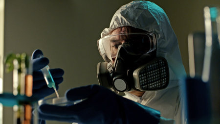 Close up of researcher in medical mask and protective glasses putting some liquid in petri dish