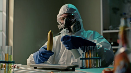 Scientist spraying banana with liquid examining dna test in labの写真素材