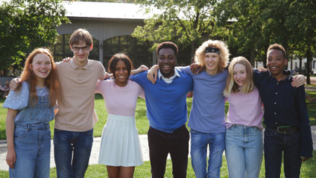 Portrait of happy multiethnic teenage students and teacher embrace and smile at cameraの写真素材