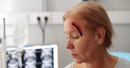 Portrait of sad woman patient with bloody wound on forehead in hospital wardの写真素材