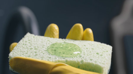Gel for washing dishes is poured on a sponge. Close-upの写真素材
