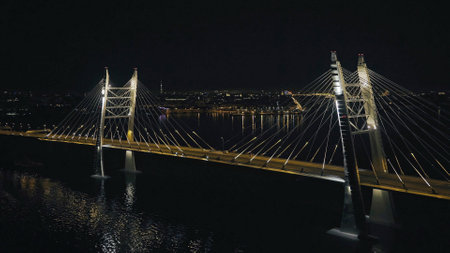 Car driving on night cable stayed bridge with modern illumination in city