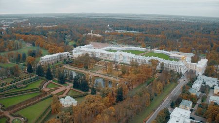 Saint-Petersburg, Pushkin city, Russia - september 30, 2021: Aerial shot Catherine park and Palaceの写真素材