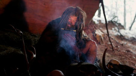 Neanderthal sitting in caveの写真素材