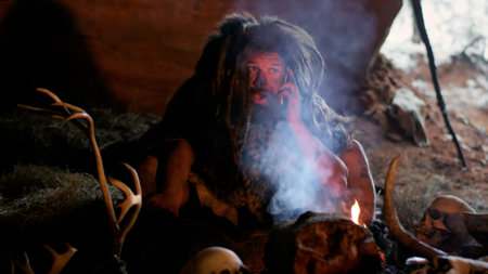 Prehistoric caveman in caveの写真素材