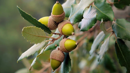 Branches with green acorns on oak tree. Acorns with leaves on treeの写真素材