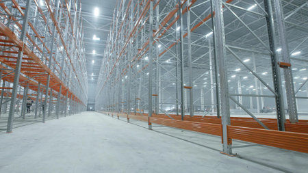 Empty shelves in large industrial storehouseの写真素材
