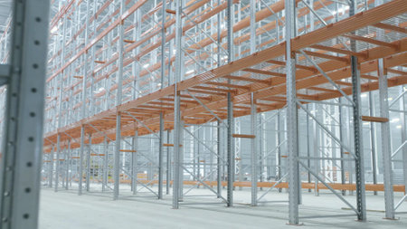 New distribution warehouse hall with empty metal shelvesの写真素材