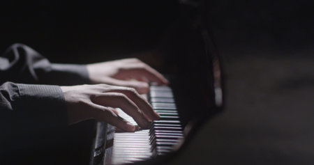 Piano music pianist hands playing. Musical instrument grand piano details 4Kの写真素材