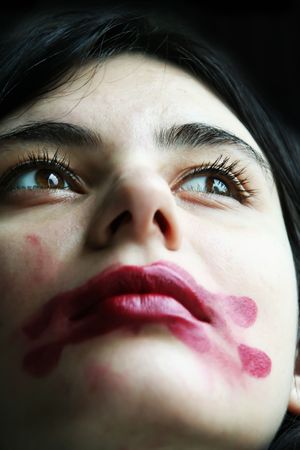 The nice girl is covered by lipstickの写真素材