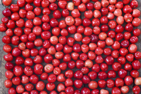 cherries sprinkled on the tableの写真素材