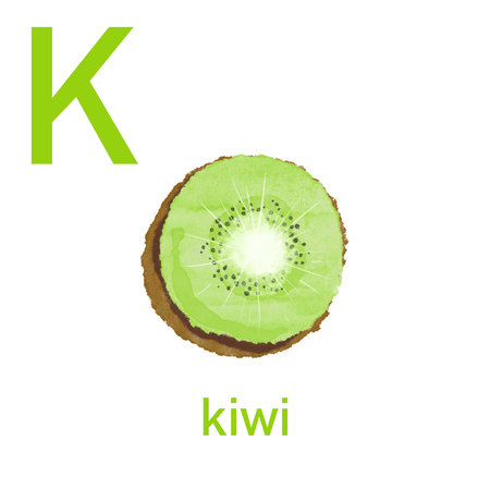 Watercolor English alphabet made of cute fruits and vegetables. Watercolor illustration of food. Vegetarian alphabet. Back to school. Kiwiの写真素材