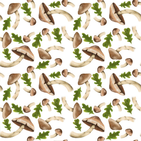 Seamless pattern with autumn leaves and mushrooms, perfect for seasonal textiles, wallpaper, wrapping paper, greeting cards, and home decor. Ideal for adding a cozy autumn touch to any creativeの写真素材