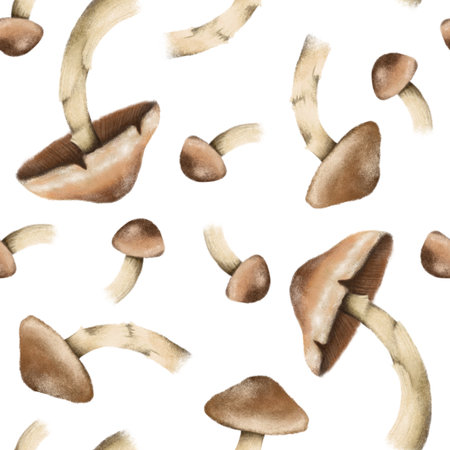 Seamless pattern with autumn leaves and mushrooms, perfect for seasonal textiles, wallpaper, wrapping paper, greeting cards, and home decor. Ideal for adding a cozy autumn touch to any creativeの写真素材