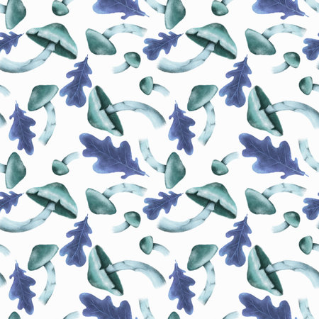 Seamless pattern with autumn leaves and mushrooms, perfect for seasonal textiles, wallpaper, wrapping paper, greeting cards, and home decor. Ideal for adding a cozy autumn touch to any creativeの写真素材