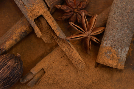 Spices on wooden tableの写真素材