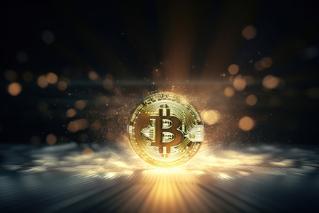 Three-dimensional geometric bitcoin motif on a dark backgroundの素材