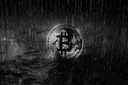 Three-dimensional geometric bitcoin motif on a dark backgroundの素材