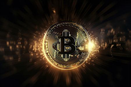 Three-dimensional geometric bitcoin motif on a dark backgroundの素材