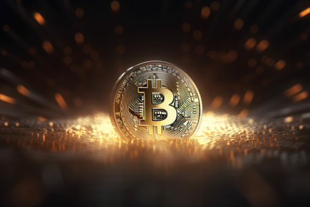 Three-dimensional geometric bitcoin motif on a dark backgroundの素材