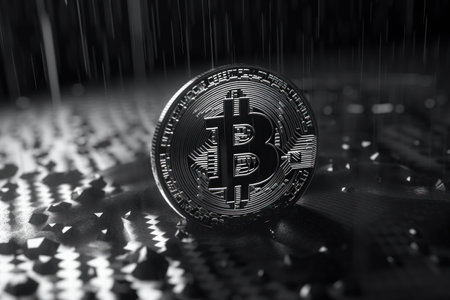 Three-dimensional geometric bitcoin motif on a dark backgroundの素材