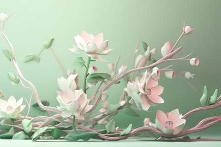 Light and minimalistic green backdrop with a subtle twig and flower motifの素材