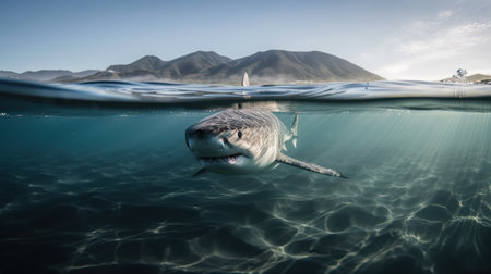 Great white shark swimming in clear water with mountains in the backgroundの素材