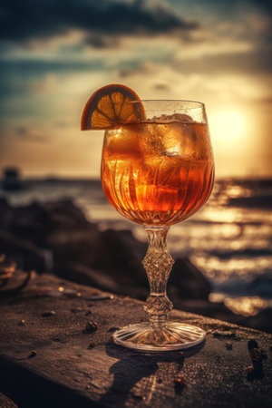 A summer drink with citrus and chunks of ice, served on a beautiful beach with a view of the ocean horizonの素材