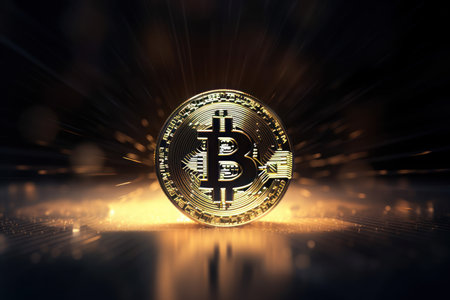A shining bitcoin in a geometric pattern with a gray backgroundの素材