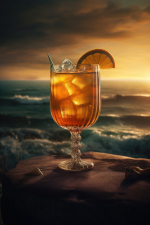 A summer drink with citrus and chunks of ice, served on a beautiful beach with a view of the ocean horizonの素材