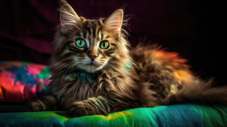 The soft and cuddly kitten on this colorful pillow will add a pop of brightness to any backgroundの素材