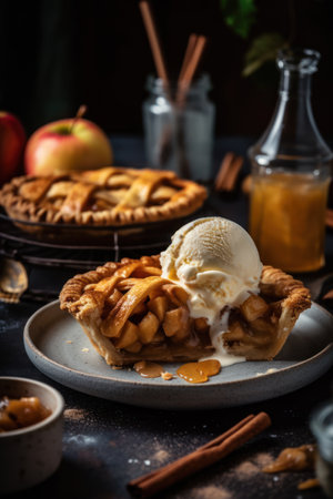 Homemade apple pie with a dollop of creamy vanilla ice cream on top, on a wooden tableの素材