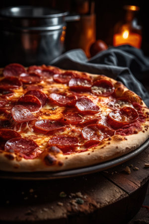 A delicious and aromatic pepperoni pizza, baked to perfection and ready to be enjoyedの素材