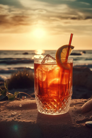 A summer drink with citrus and chunks of ice, served on a beautiful beach with a view of the ocean horizonの素材