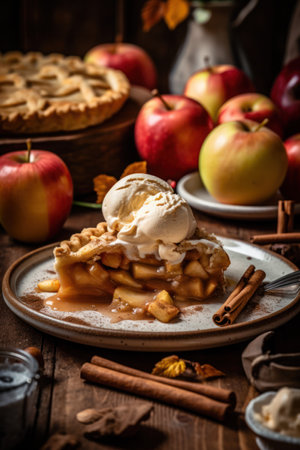 Homemade apple pie with a dollop of creamy vanilla ice cream on top, on a wooden tableの素材