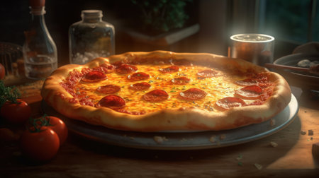 A close-up shot of a golden pepperoni pizza with a crispy crust and generous toppingsの素材