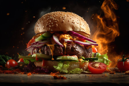 Mouth-watering BBQ burger with tangy sauce and grilled onionsの素材