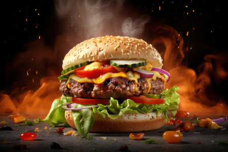 Mouth-watering BBQ burger with tangy sauce and grilled onionsの素材
