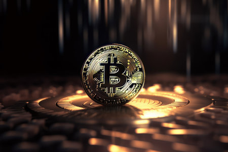 A shining bitcoin in a geometric pattern with a gray backgroundの素材